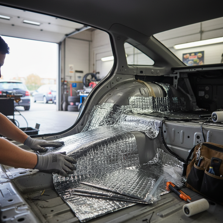 Technician installs Premium 4mm Damping Mat - 23 Sheet Pack for Noise and Vibration Reduction in Vehicles, using soundproof, acoustic insulation sheets to reduce noise and vibrations, enhancing vehicle comfort. Tools visible nearby.