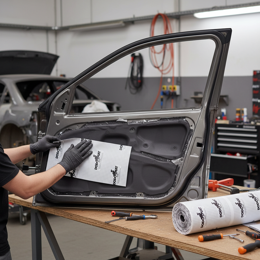 Technician applying Premium Self-Adhesive Flexible Foam Liner 6mm for Vehicle Heat and Sound Insulation on a car door, showcasing soundproofing, acoustic insulation, noise reduction, and vibration damping features in an automotive workshop setting.