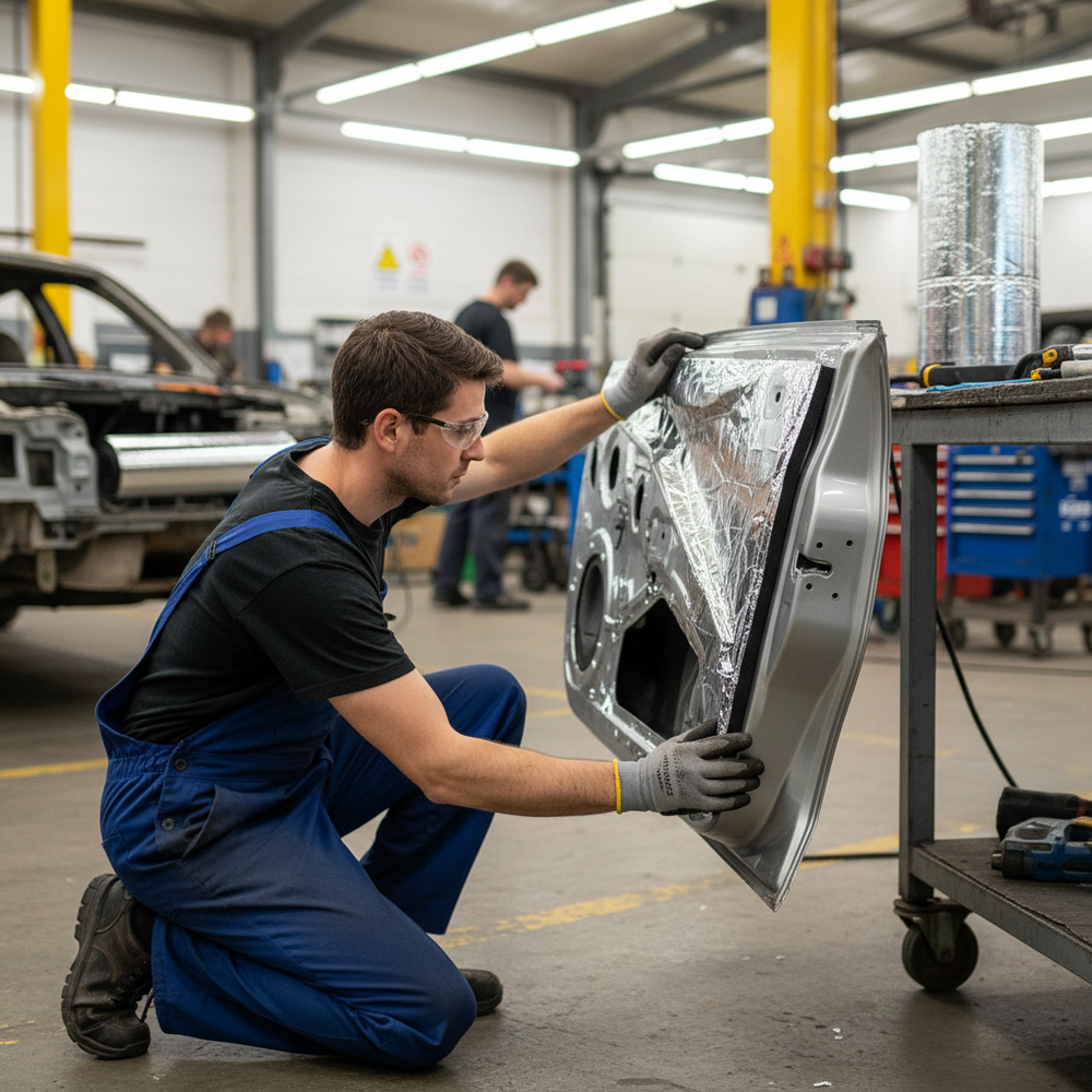 Mechanic installing Premium 15mm High-Performance Van Insulation with Reinforced Aluminium Foil and Self-Adhesive Backing, optimizing thermal and acoustic control in a soundproof, noise-reduction, and vibration-damping garage setting.