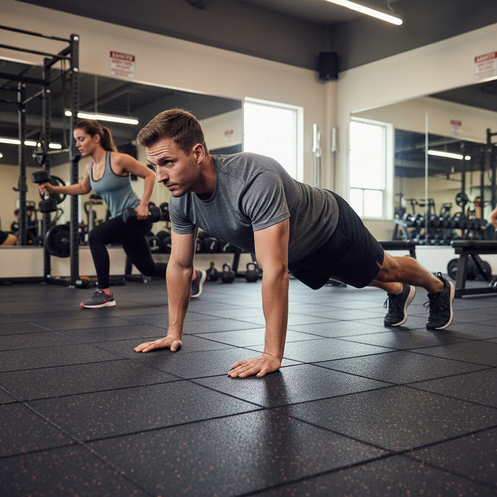 Premium Duo Interlocking Gym Floor Tile - 1m x 1m x 20mm showcased in a gym setting, highlighting its high-density rubber construction, superior durability, noise reduction, and easy interlocking design for soundproof and acoustic performance.