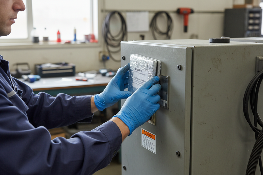 Technician installing Premium High-Performance Acoustic Barrier Sound Insulation System, designed for soundproofing and noise reduction, in a workshop. The system reduces noise transmission by up to 53dB.