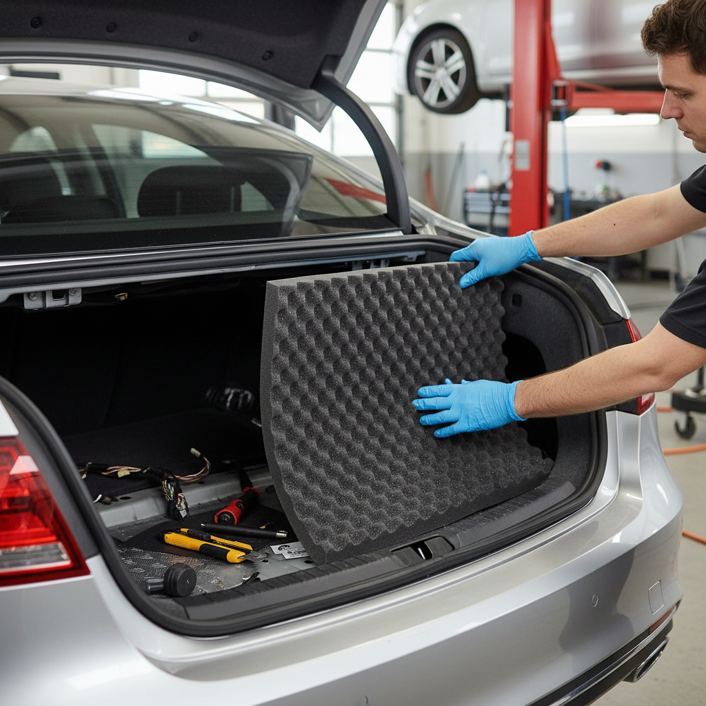 Premium Noise-Absorbing Material 35mm - High-Performance Soundproofing with Self-Adhesive Layer for Car Interiors being installed in a sedan trunk, showcasing its soundproof, acoustic, noise reduction, and sound insulation capabilities.