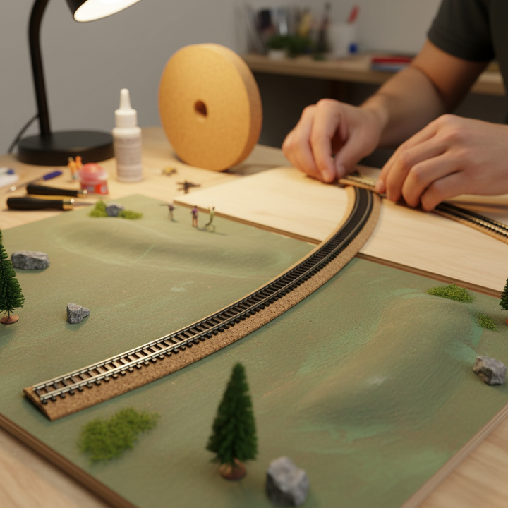 Hands position track on model railroad diorama. Premium Model Railway Cork Track Underlay Roll - 10 Meters Long, 30mm Wide, 3mm Thick for Enhanced Sound Dampening and Stability, enhances acoustic insulation and vibration damping.