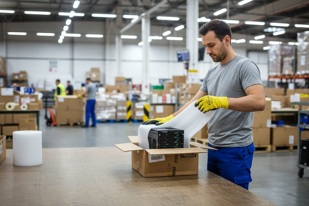 Worker in warehouse carefully packs Premium Soundproofing Flanking Strip 50M x 150mm x 6mm for Acoustic Isolation, emphasizing noise reduction and sound insulation, into a box marked FRAGILE for shipment.