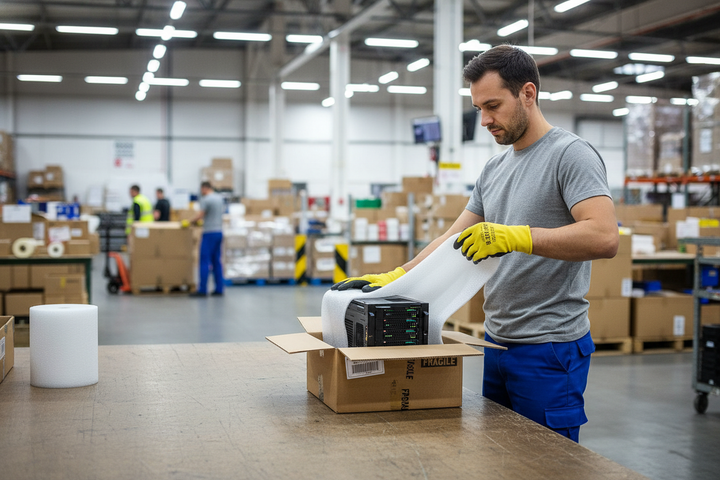 Worker in warehouse carefully packs Premium Soundproofing Flanking Strip 50M x 150mm x 6mm for Acoustic Isolation, emphasizing noise reduction and sound insulation, into a box marked FRAGILE for shipment.
