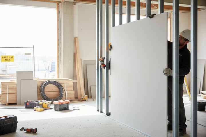 High-Performance Fibre Gypsum Board 12.5mm in use at a construction site, demonstrating its robust, eco-friendly design with superior soundproofing, acoustic insulation, and vibration damping capabilities amidst ongoing wall build-out.
