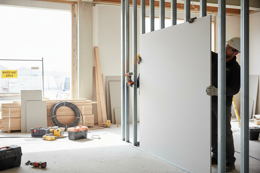 High-Performance Fibre Gypsum Board 12.5mm in use at a construction site, demonstrating its robust, eco-friendly design with superior soundproofing, acoustic insulation, and vibration damping capabilities amidst ongoing wall build-out.