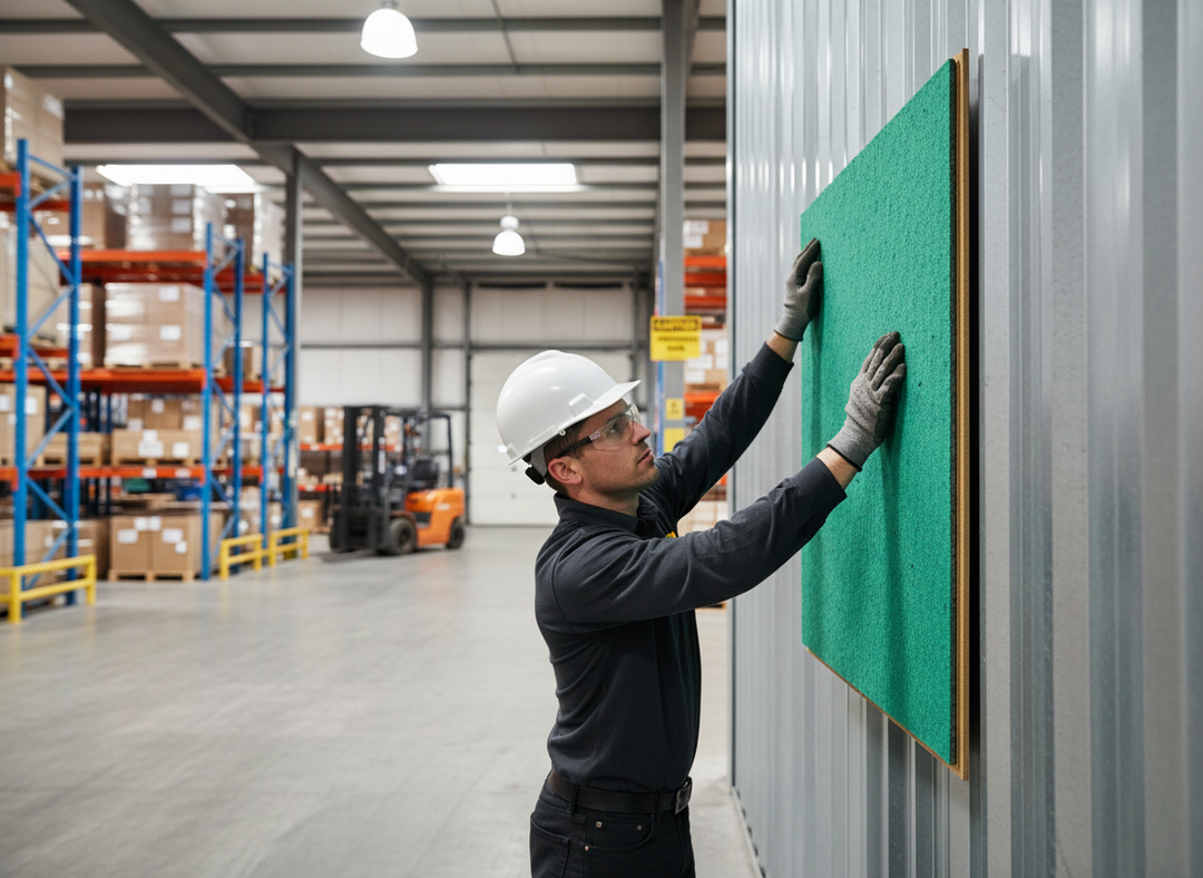 Man adjusting the Premium Acoustic Overlay Panel 17mm, featuring high sound insulation and easy installation, in an industrial warehouse. Ideal for soundproofing and noise reduction in various environments.