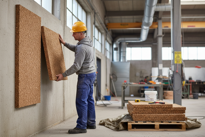 Worker installing Premium Insulation Cork Board Pack of 5 Sheets - 1000mm x 500mm x 60mm for 2.5m² Coverage on a concrete wall, ideal for soundproofing and acoustic insulation, enhancing noise reduction and vibration damping.