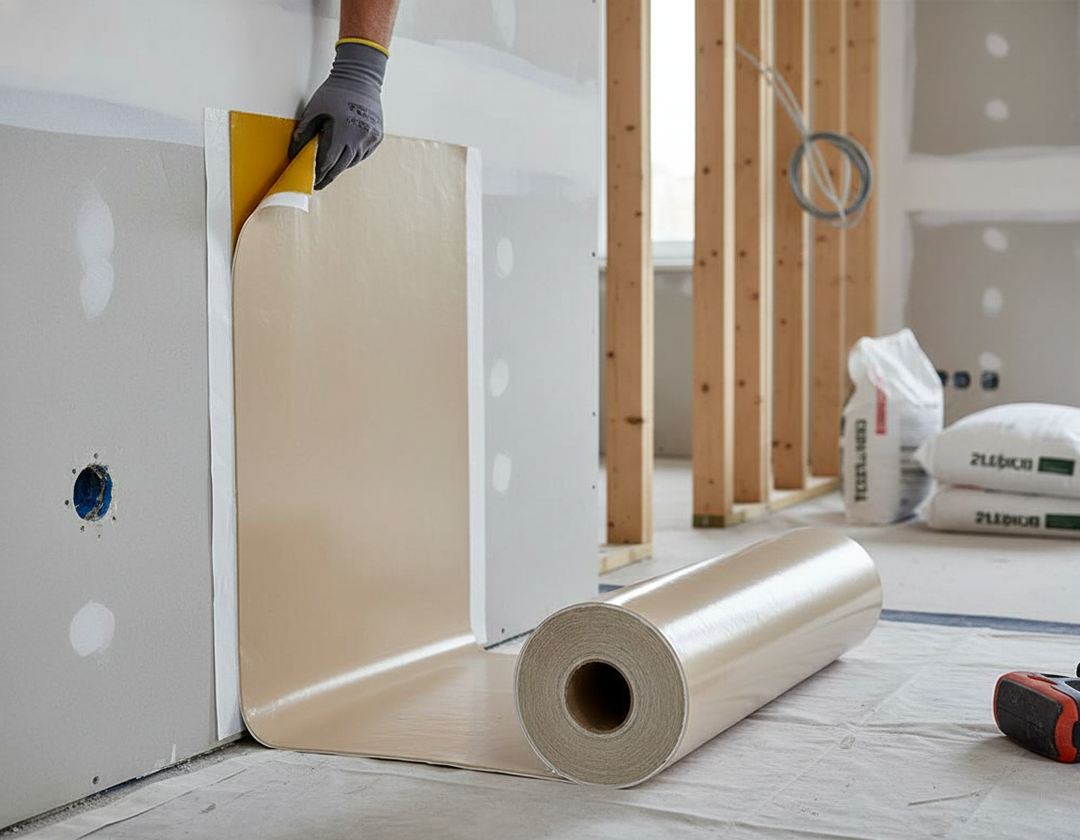 A gloved hand applies the Premium High-Performance Self-Adhesive Acoustic Membrane 1.2m x 4m for Soundproofing and Noise Reduction to drywall, illustrating its easy installation and acoustic insulation benefits.