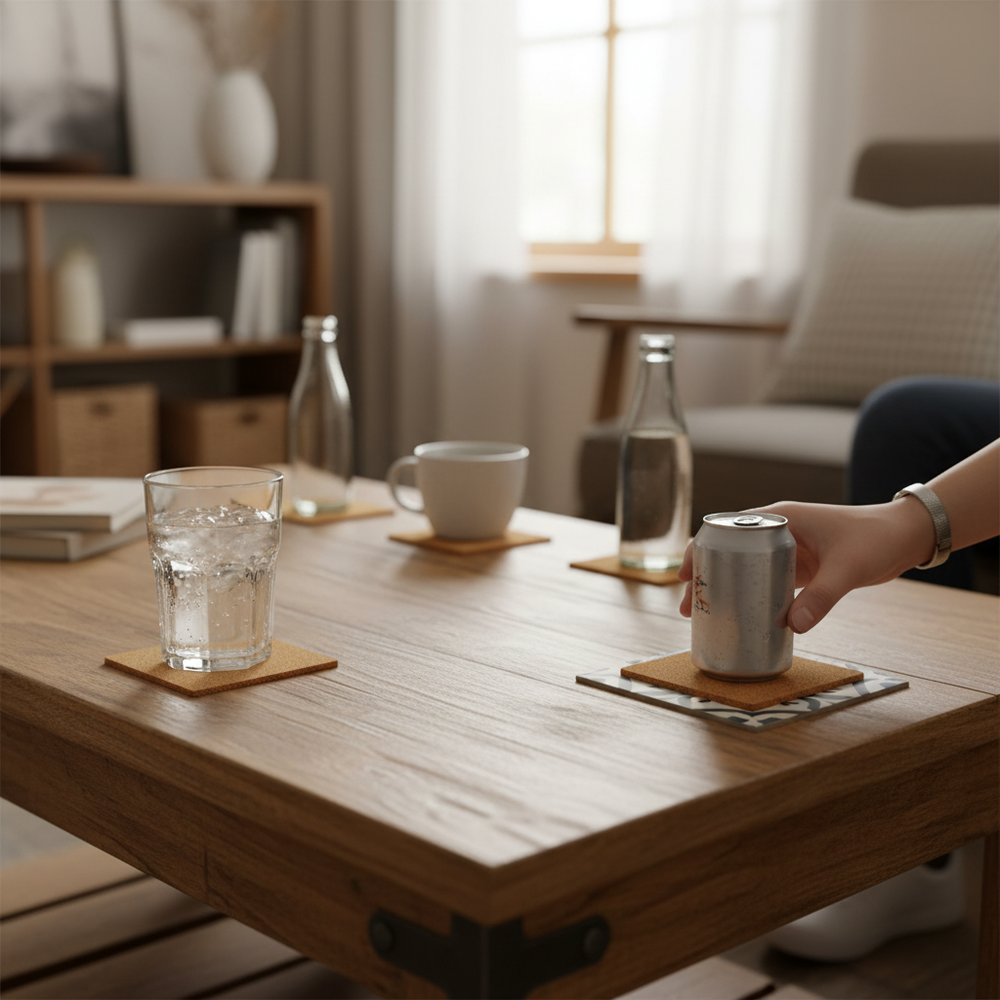 Premium Adhesive Coaster Cork Sheets - 90mm x 90mm, 2mm Thick - 50 Pack for Versatile Applications, shown protecting surfaces from condensation, perfect for soundproof and acoustic applications in home and studio environments.