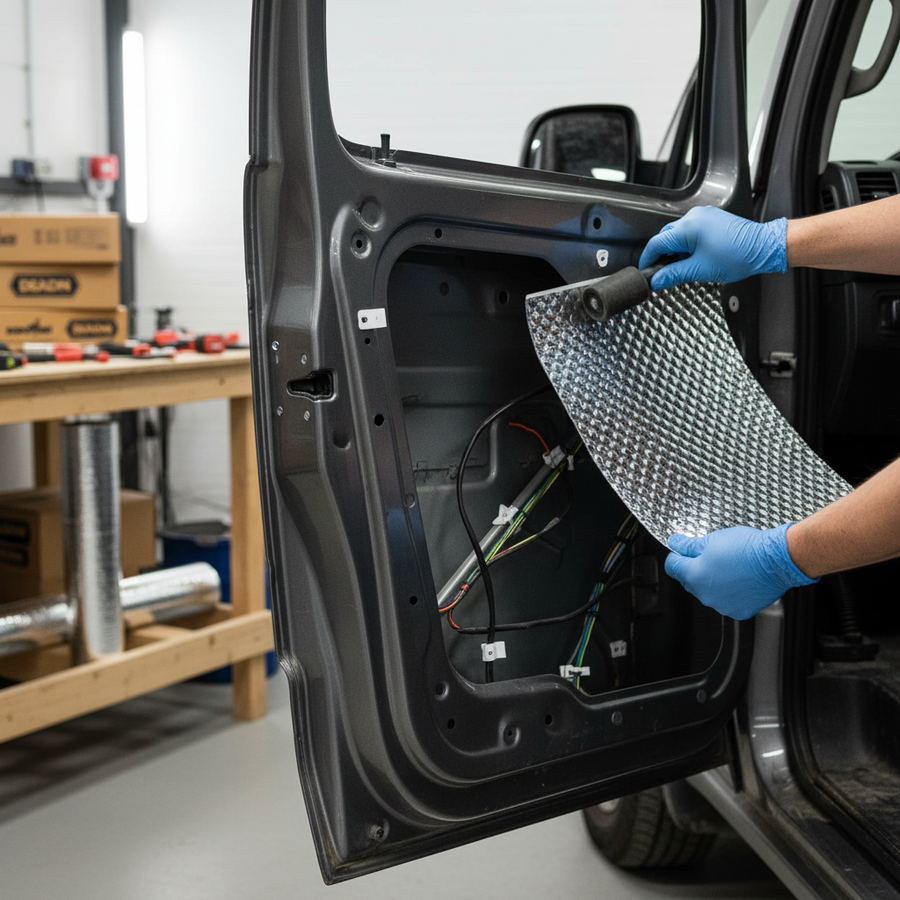 Premium Sound Deadening and Insulation Kit for Small Vans - Improve Comfort and Noise Reduction: Gloved hands apply foil-faced mat to van door's metal shell, enhancing soundproofing and thermal insulation in workshop setting.