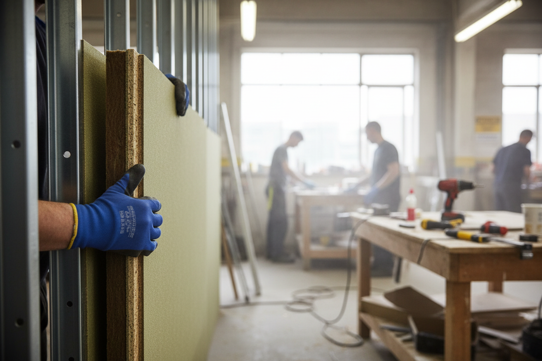 Premium Acoustic Insulation Panel 2400mm x 600mm x 52mm for Robust Details Compliance and Floor Refurbishment Projects, shown in a workshop being fitted against a metal stud frame, highlighting its soundproof properties.
