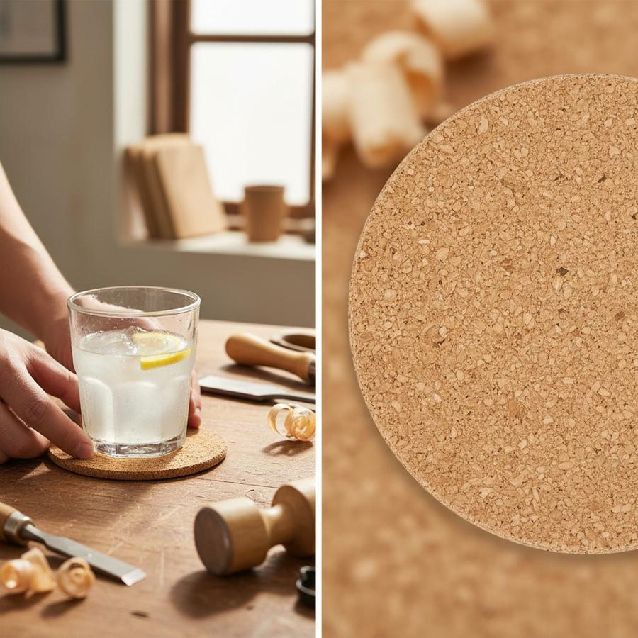 Premium Non-Adhesive Cork Coaster Sheets - 90mm Diameter, 3mm Thick, 38 Sheets. Left: Coaster under iced lemon water on a woodworking bench. Right: Close-up of coaster's granular texture. Ideal for sound insulation projects.