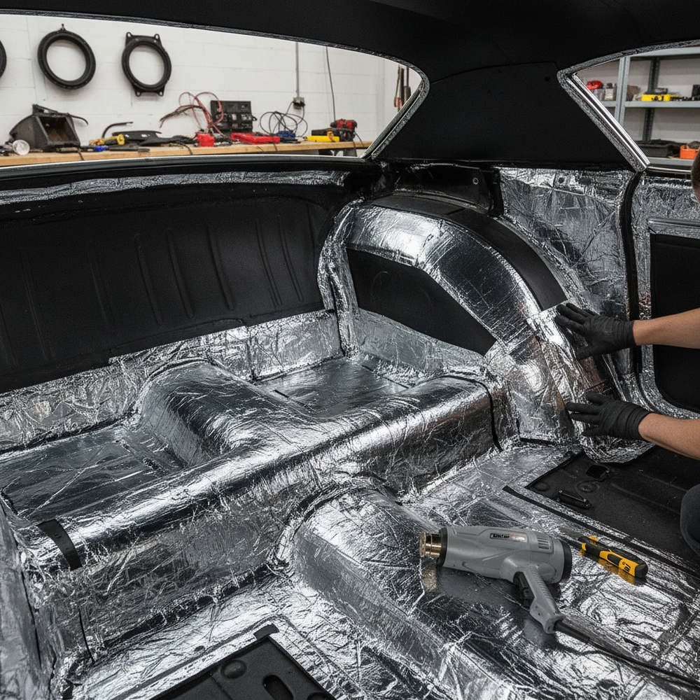 Premium Self-Adhesive Insulation Roll 5mm Thick - 5sq.m Area for Vehicle Comfort being installed in a car trunk, showcasing its soundproof and noise reduction qualities, with tools and foil-backed material visible.