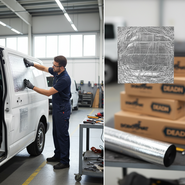 Premium Sound Deadening and Insulation Kit for Medium Vans: Technician fits reflective insulation in van; close-up of crinkled aluminum foil insulation, enhancing soundproofing, noise reduction, and temperature regulation, ideal for acoustic comfort.