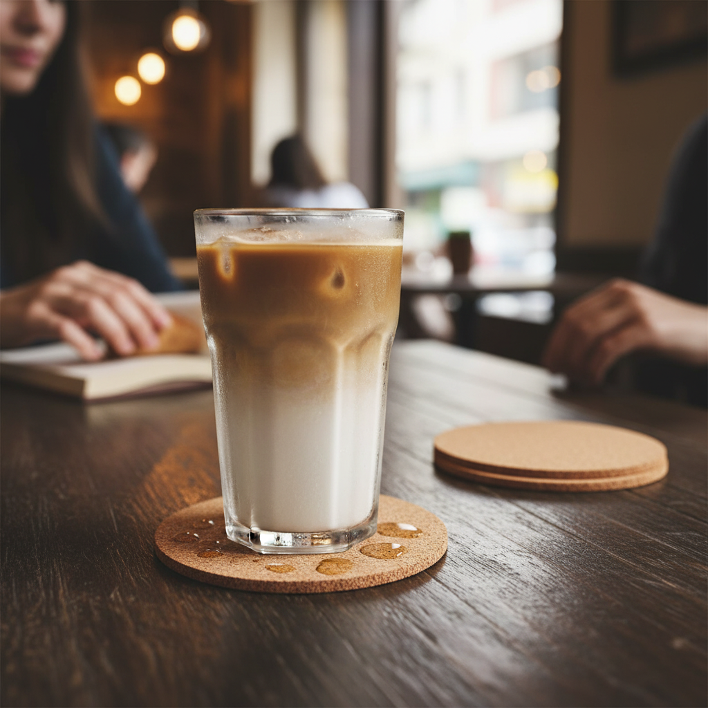 Tall glass of iced latte on a Premium Non-Adhesive Cork Coaster Sheet - 90mm Diameter, 3mm Thick, 38 Sheets, ideal for DIY, soundproof, acoustic, noise reduction, and vibration damping applications.
