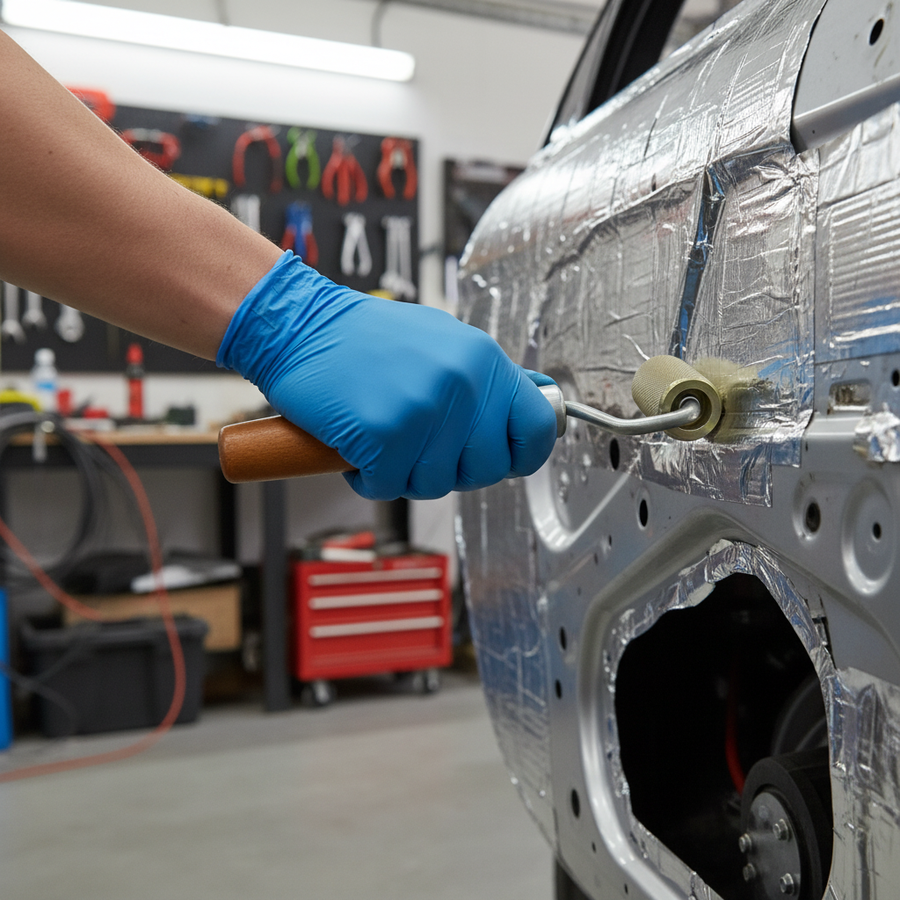 Hand in a blue nitrile glove uses the Premium Heavy Duty Metal Roller for Sound Deadening Mats with Sturdy Wood Handle and Textured Surface to press aluminum-foil–faced insulation onto a vehicle door panel, enhancing noise reduction and vibration damping.