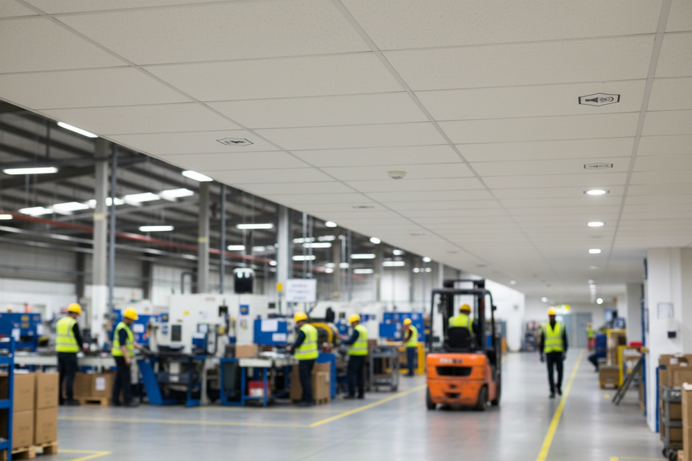 Premium Acoustic Tile 600mm x 1200mm - High-Performance Sound Reduction for Suspended Ceilings visible in a bustling factory setting, illustrating their application in noise reduction and soundproofing for industrial environments.