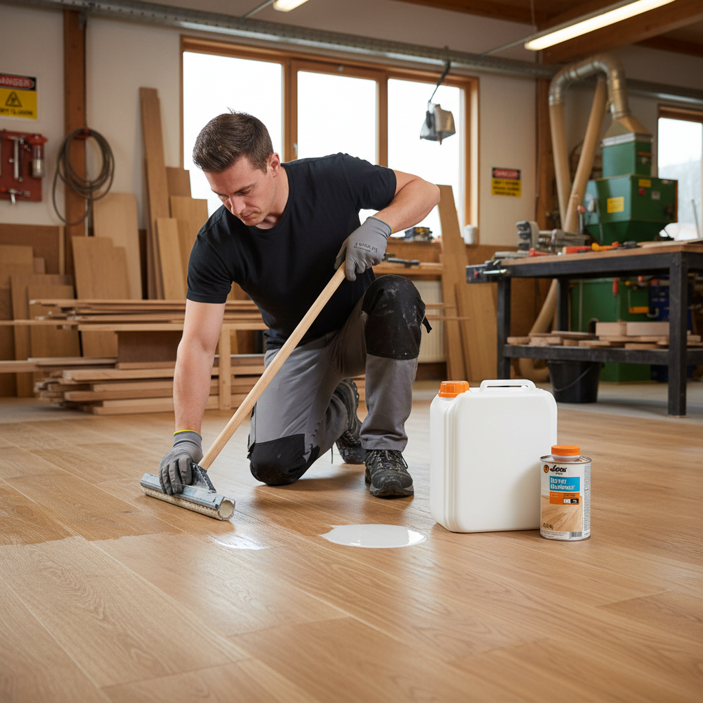 Man in workshop applies Premium Waterborne Surface Protection for Parquet and Hardwood Floors - 5KG, ensuring acoustic insulation with excellent chemical and abrasion resistance, using a long-handled spreader on wooden floorboards.