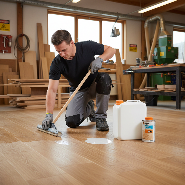 Man in workshop applies Premium Waterborne Surface Protection for Parquet and Hardwood Floors - 5KG, ensuring acoustic insulation with excellent chemical and abrasion resistance, using a long-handled spreader on wooden floorboards.