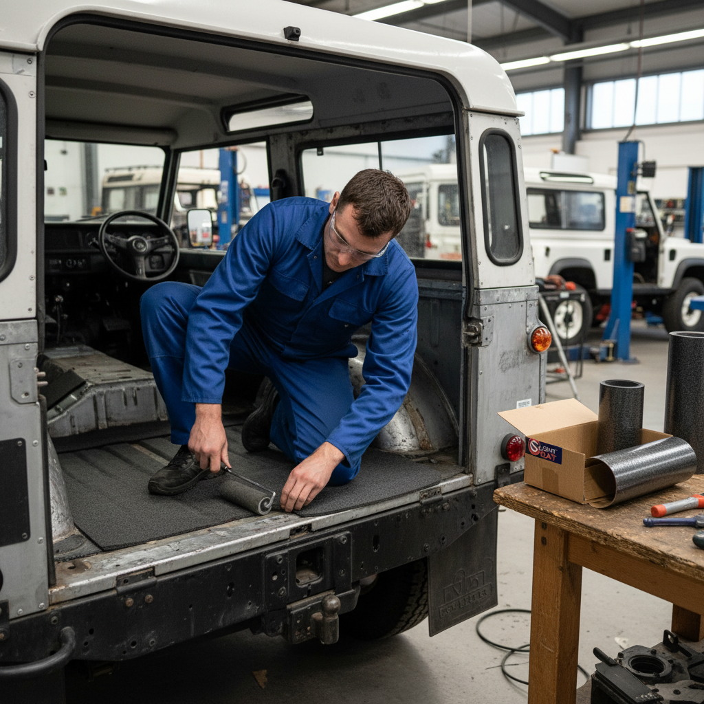 Premium Sound Deadening Kit for Land Rover 110 - 140 Sheets of 2mm Insulation for Noise Reduction being applied by a man in a blue coverall in a vehicle's cargo area for noise reduction.