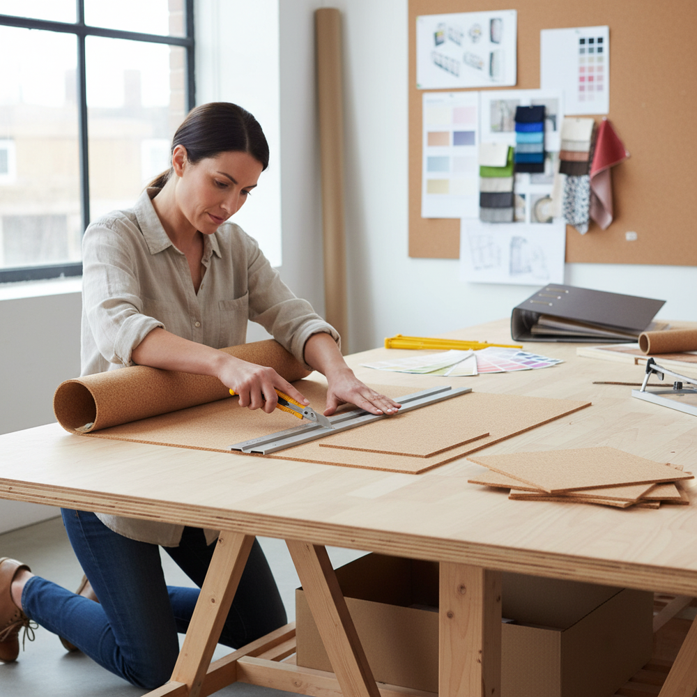 Woman precisely cuts Premium Fine Grain Large Cork Roll, 4m x 1.22m, for interior walls. Ideal for soundproofing and acoustic insulation, various thicknesses available for noise reduction and vibration damping applications.