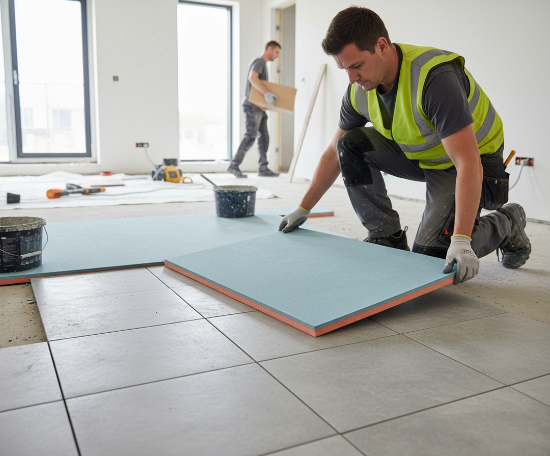 Worker installing Premium Acoustic Underlay with High Mass Layer for Superior Sound Insulation and Environmental Responsibility, enhancing soundproofing and noise reduction in an unfinished room, representing Sound Deadening UK's quality acoustic solutions.