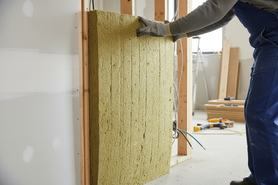 Worker fitting Premium Acoustic Insulation Slab 50mm for Superior Soundproofing into wall studs, showcasing its acoustic performance for noise reduction and soundproofing, ideal for floors, ceilings, and walls.