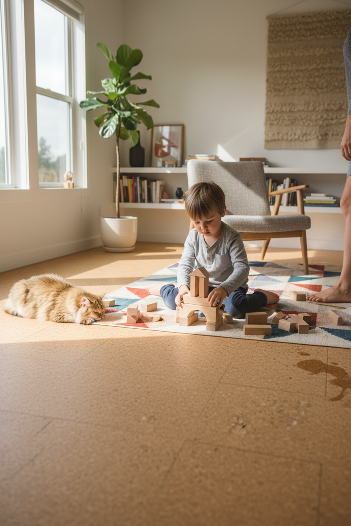 Young boy on Premium Natural Cork Flooring 600mm x 300mm - 4mm Thick - Comfortable Sound Absorption and Warm Touch, enjoying soundproof, acoustic comfort beside napping cat, reflecting Silentcloud’s noise reduction ethos.
