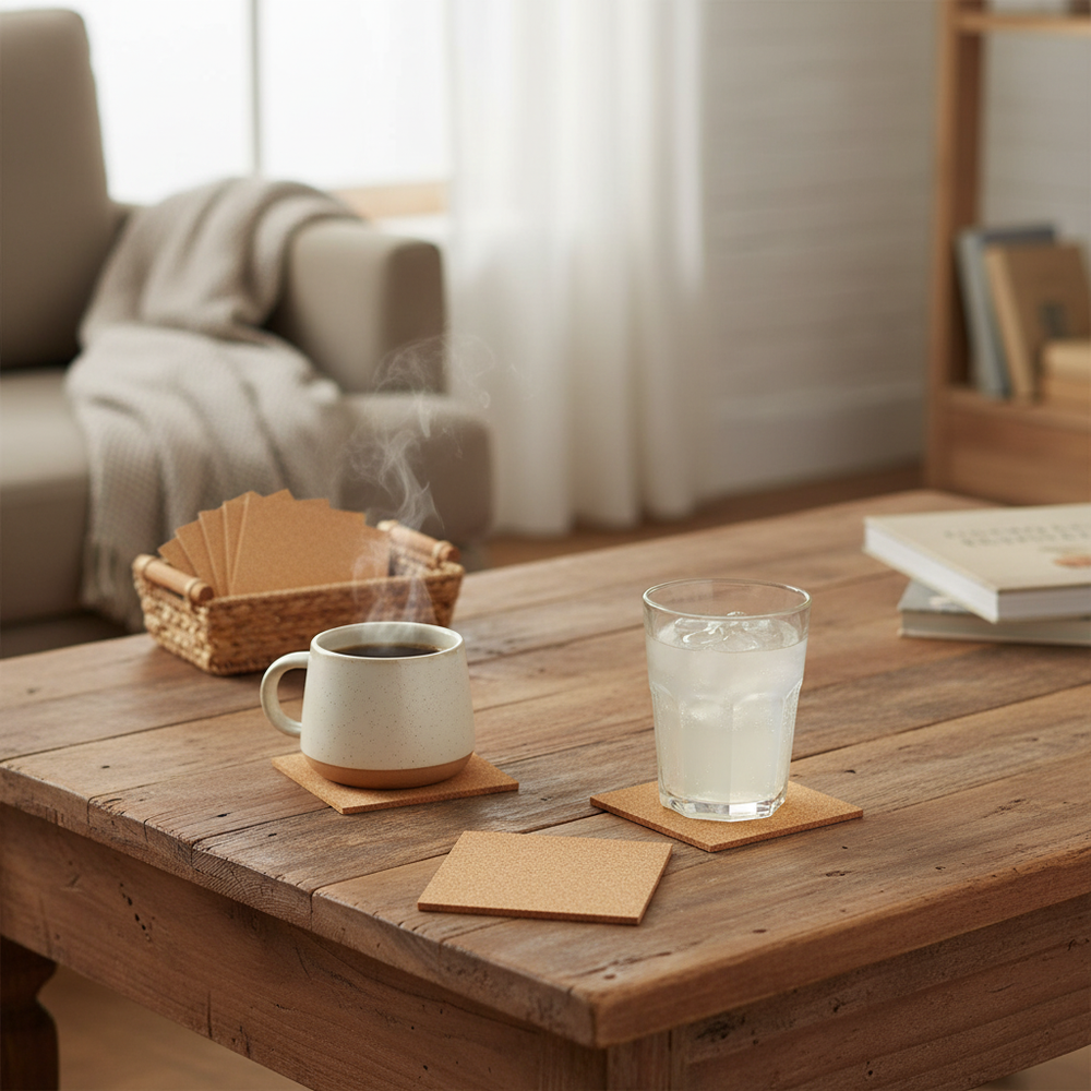Premium Non-Adhesive Cork Coaster Sheets - 100mm x 100mm, 2mm Thick - 50 Pack, displayed on a rustic coffee table, ideal for soundproofing, acoustic insulation, and noise reduction projects.