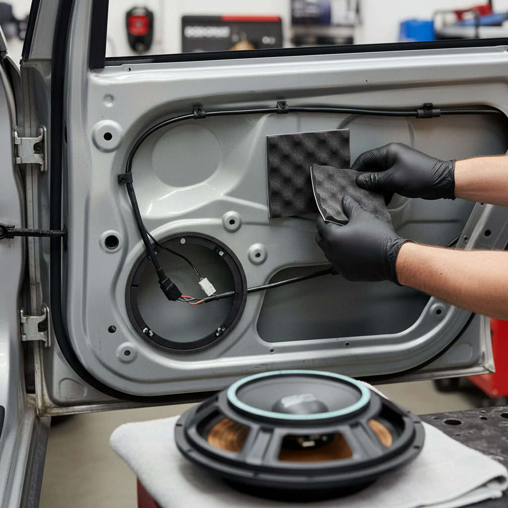 Technician installs Premium Soundproofing Speaker Enhancer Kit with Flex Strips and Liner Pads, improving car audio quality by fitting sound-deadening foam and preparing a woofer for installation, enhancing acoustic insulation and noise reduction.