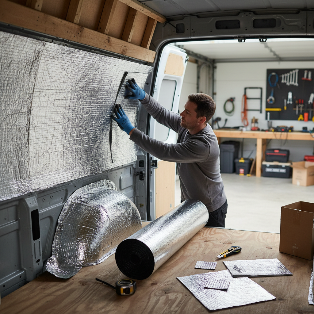 Man installing Premium Campervan Sound Deadening and Insulation Kit for Enhanced Comfort and Noise Reduction. Reflective insulation panels pressed onto van sidewall, showcasing soundproofing and acoustic noise reduction benefits.