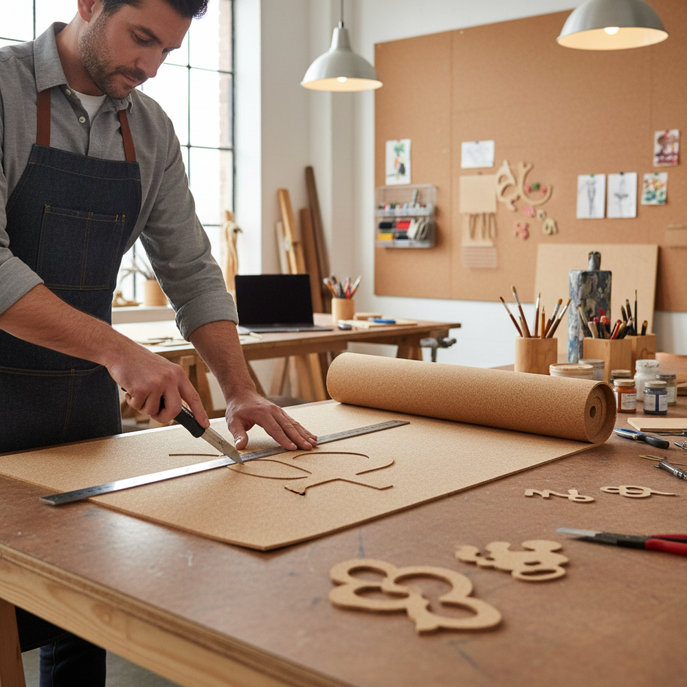 Man in denim apron cuts Premium Fine Grain Large Cork Roll 4m x 1m - 4mm Thick for Interior Walls. Ideal for soundproofing, acoustic insulation, and noise reduction in studios. Tools and sketches surround him.