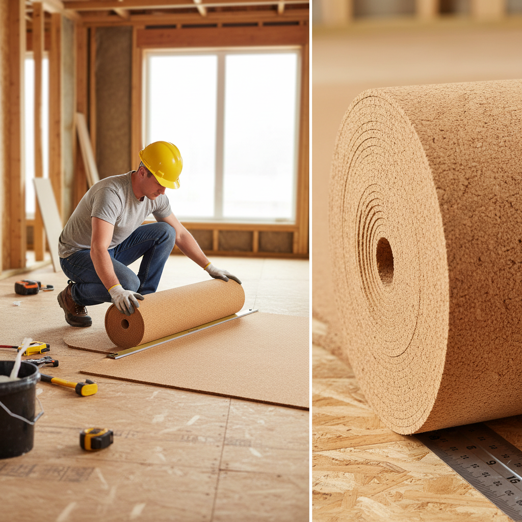 Tradesman in a yellow hard hat measures Premium Fine Grain Large Cork Roll - 10m x 1m, 2mm Thick for Interior Walls, ideal for soundproofing and acoustic insulation with visible texture and subfloor beneath.