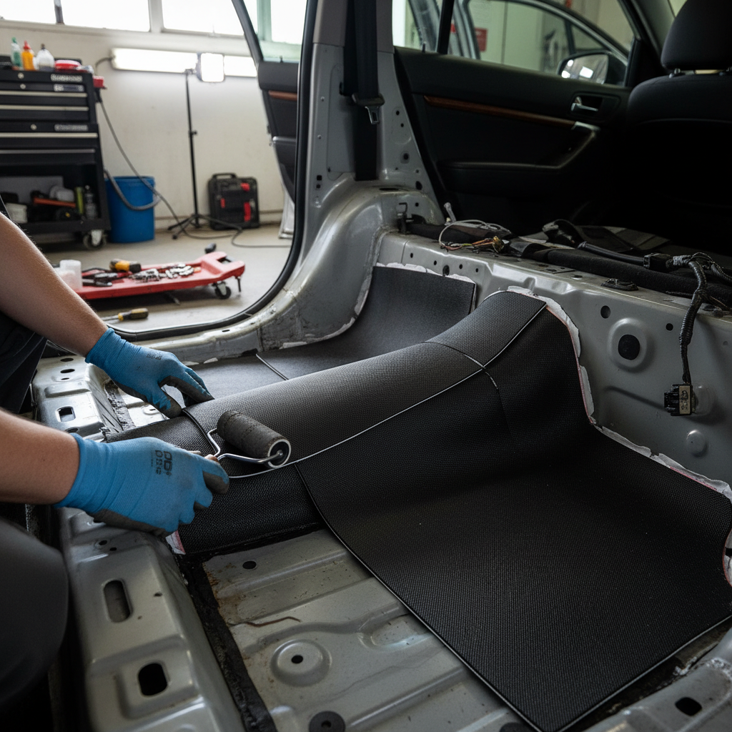 Technician applying Premium 4-Layer Soundproofing Material for Vehicles in workshop, featuring acoustic noise reduction and water-resistant adhesive, designed for effective sound insulation and vibration damping on vehicle interiors.