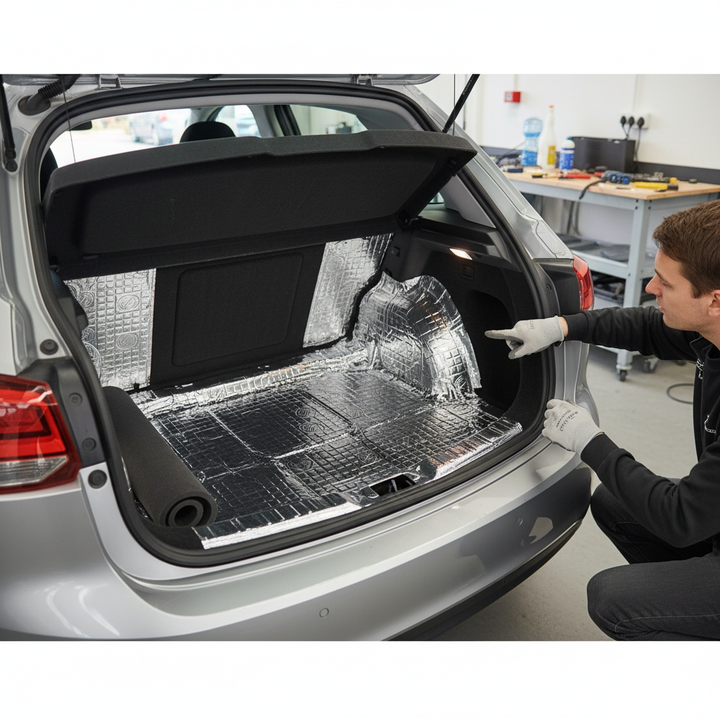 Technician installs Premium Hatchback Car Boot Sound Proofing Bundle, featuring reflective insulation mat, enhancing acoustic noise reduction, soundproofing, and vibration damping in a car's rear cargo area.