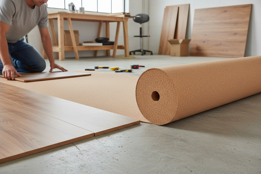 Installing Premium Natural Cork Underlay Roll - 10m x 1m with 6mm Thickness for Laminate Flooring, showcasing its soundproof and acoustic properties. Visible cork underlay provides noise reduction and sound insulation over concrete subfloor.