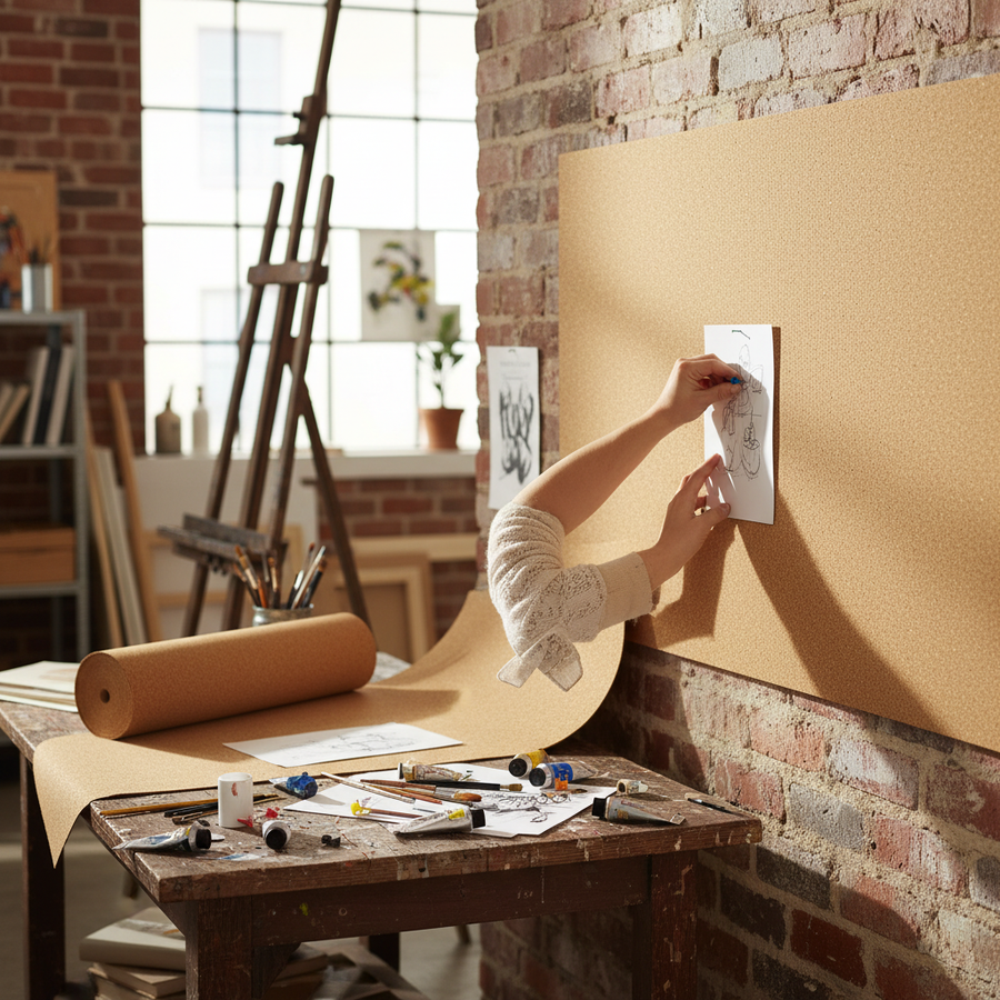 Premium Fine Grain Large Cork Roll 2m x 1m - 4mm Thick for Interior Walls with Smooth Finish is draped on a studio worktable, highlighting its potential for acoustic and soundproof applications.