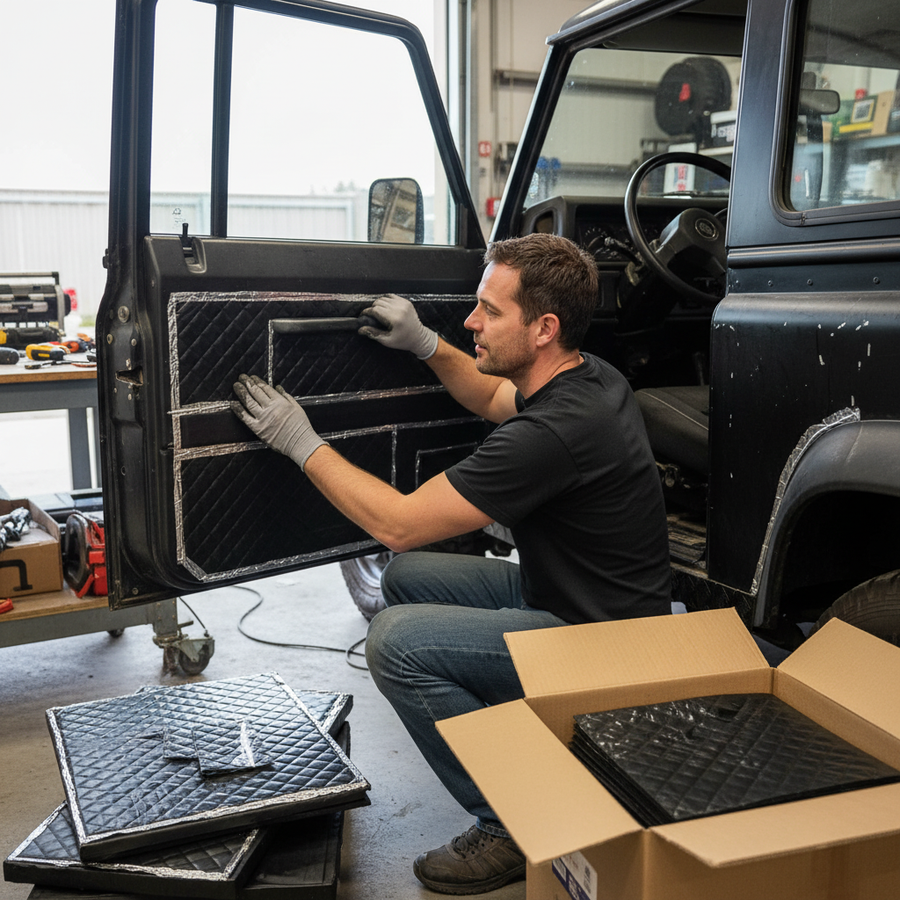 Man in workshop fitting Premium Sound Deadening Kit for Land Rover 90 - 100 Sheets of 2mm Silentcloud for Noise Reduction and Insulation, enhancing acoustic performance and vibration damping inside an SUV door.
