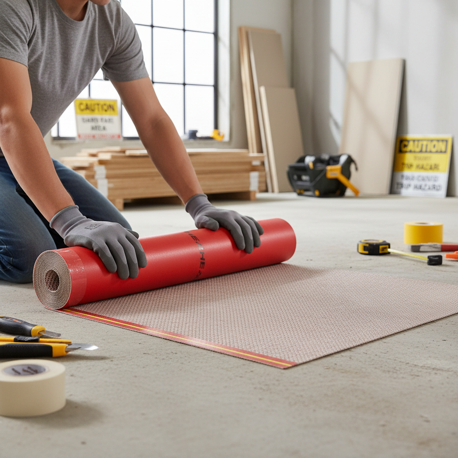 Person unrolling Premium Acoustic Underlay for Underfloor Heating & Cooling - 1.2mm Thick with Superior Sound Reduction and Moisture Barrier Protection on a workshop floor, surrounded by tools and construction materials.