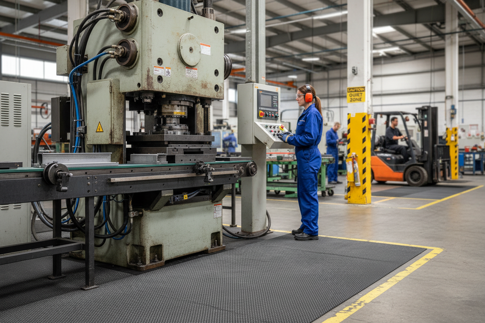 Professional Acoustic Underlay 1200mm x 1200mm x 9mm for Noise Reduction in Carpets and Laminate Flooring - Lightweight and Effective, shown in a bustling metal-fabrication workshop, highlighting its robust soundproofing capabilities.