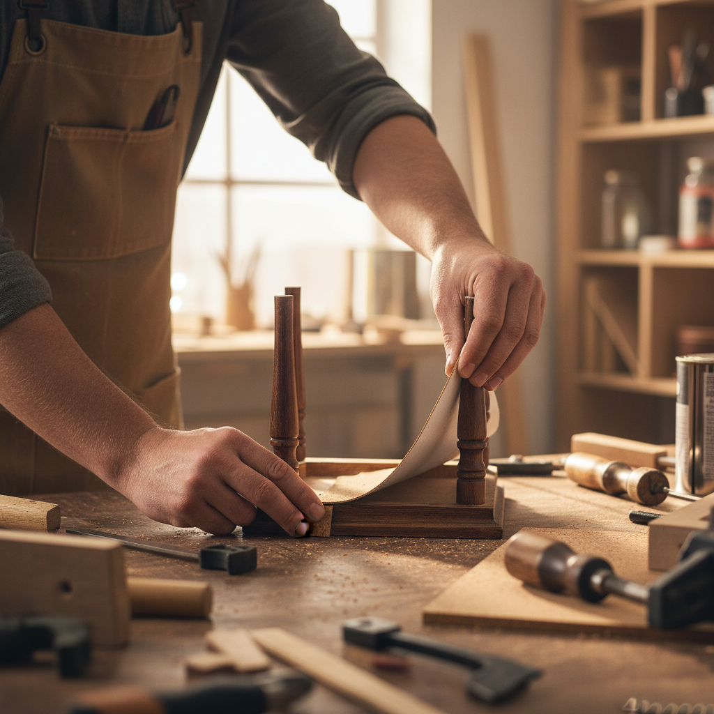 Woodworker applying fine grain adhesive cork sheet (915mm x 610mm, 4mm thick) to a project, ideal for soundproofing and acoustic insulation, enhancing noise reduction and vibration damping in homes and studios.