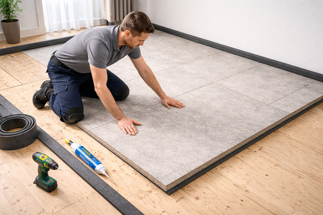 Tradesman installs SilentScreed® Panel 22, an acoustic cement overlay board, for soundproofing. Tools, adhesive, and underlayment visible. Ideal for noise reduction and sound insulation in construction projects.