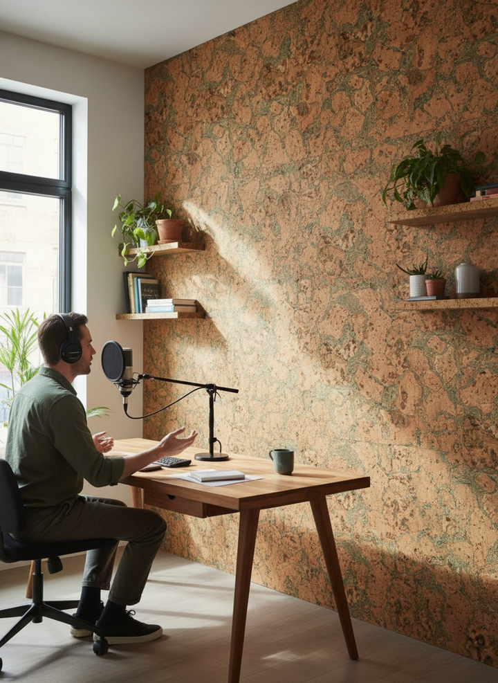 Person recording in a home studio with Premium Green Wall Tiles 600mm x 300mm - 3mm Thick with 1.98m2 Coverage, offering soundproof and acoustic benefits for noise reduction and sound insulation.