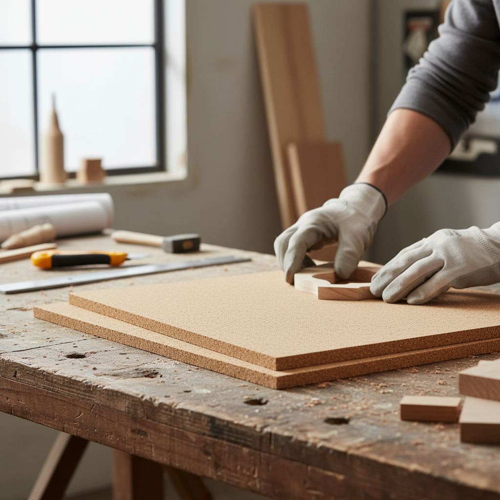 Hands hold a wooden template against Premium Non-Adhesive Cork Sheets - Pack of 2, 915mm x 610mm, 7mm Thick for Wall Coverings and Pinboards, suitable for soundproofing and acoustic projects in workshops.