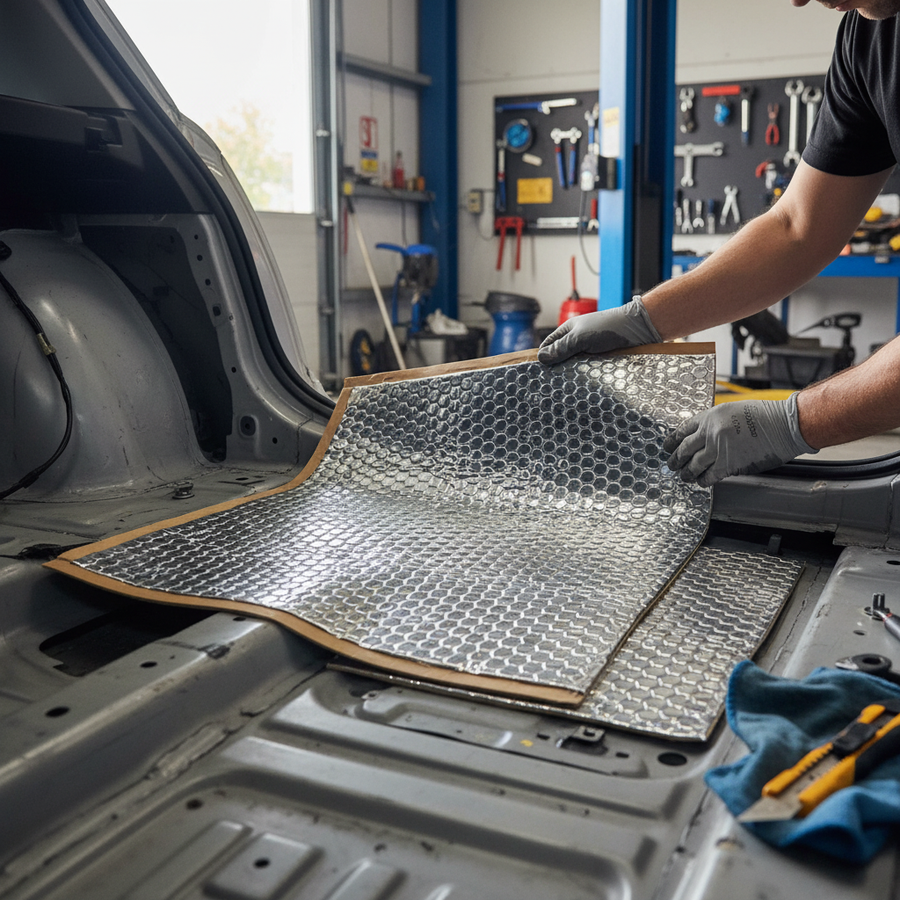 Technician installs Premium Self-Adhesive Sound Deadening Vibration Damper, featuring hex embossed, high-grade butyl mats on car's metal floor for enhanced acoustic insulation and vibration damping in a workshop setting.