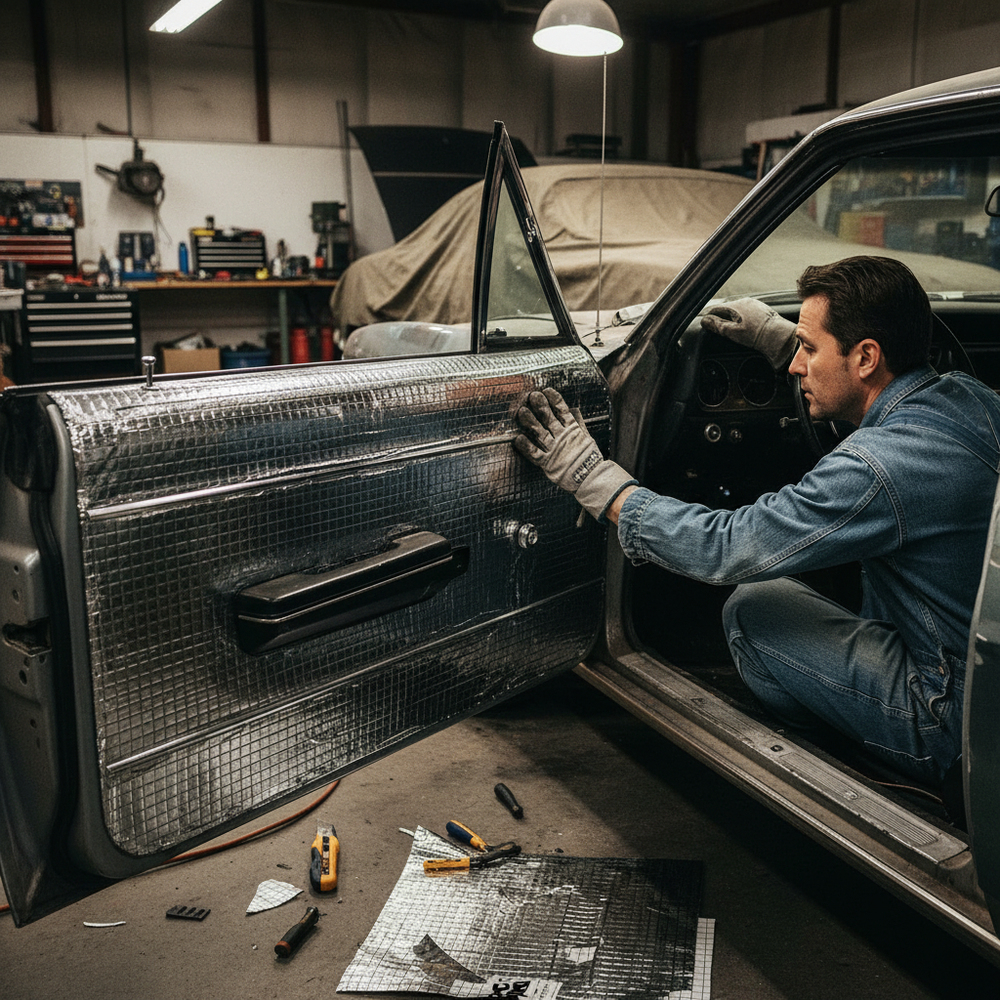 Man installing the Premium Self-Adhesive Sound Deadening Roll 5m - Flexible Butyl Construction for Noise Reduction and Vibration Dampening inside a car door, demonstrating soundproof and acoustic insulation application in a workshop setting.