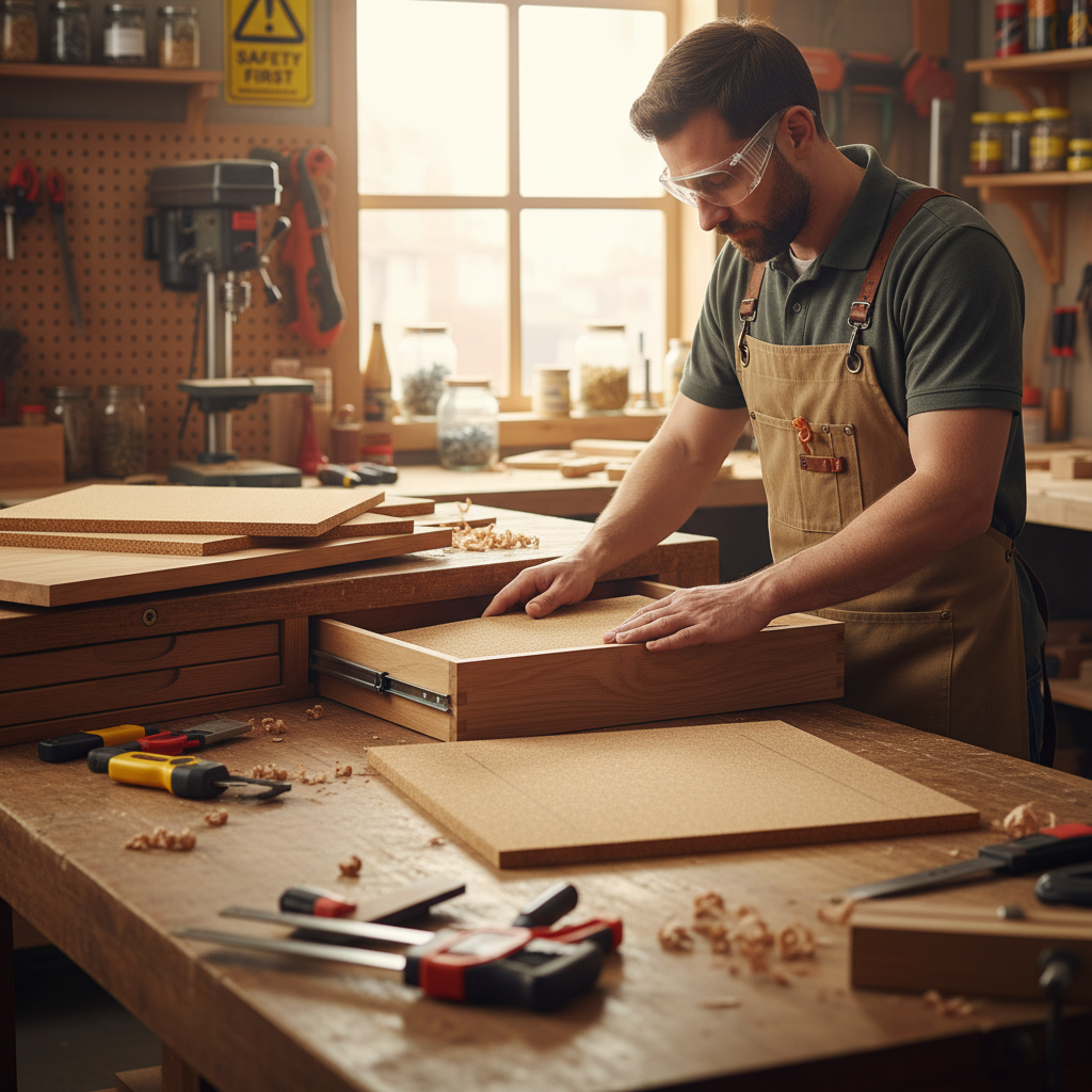 Woodworker fitting bottom panel into a drawer, surrounded by tools, illustrating the versatile use of Premium Fine Grain Non-Adhesive Cork Sheets - 610mm x 450mm, 25mm Thick - Pack of 4 for soundproof and acoustic applications.