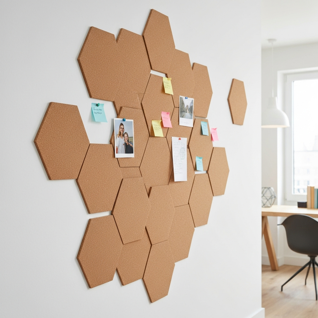 Adhesive Hexagon Thick Cork Board Wall Tiles - 290mm x 250mm - 10mm Thick - 6 Pack displayed in a honeycomb pattern, showcasing their acoustic insulation properties, ideal for soundproofing and noise reduction in home offices.